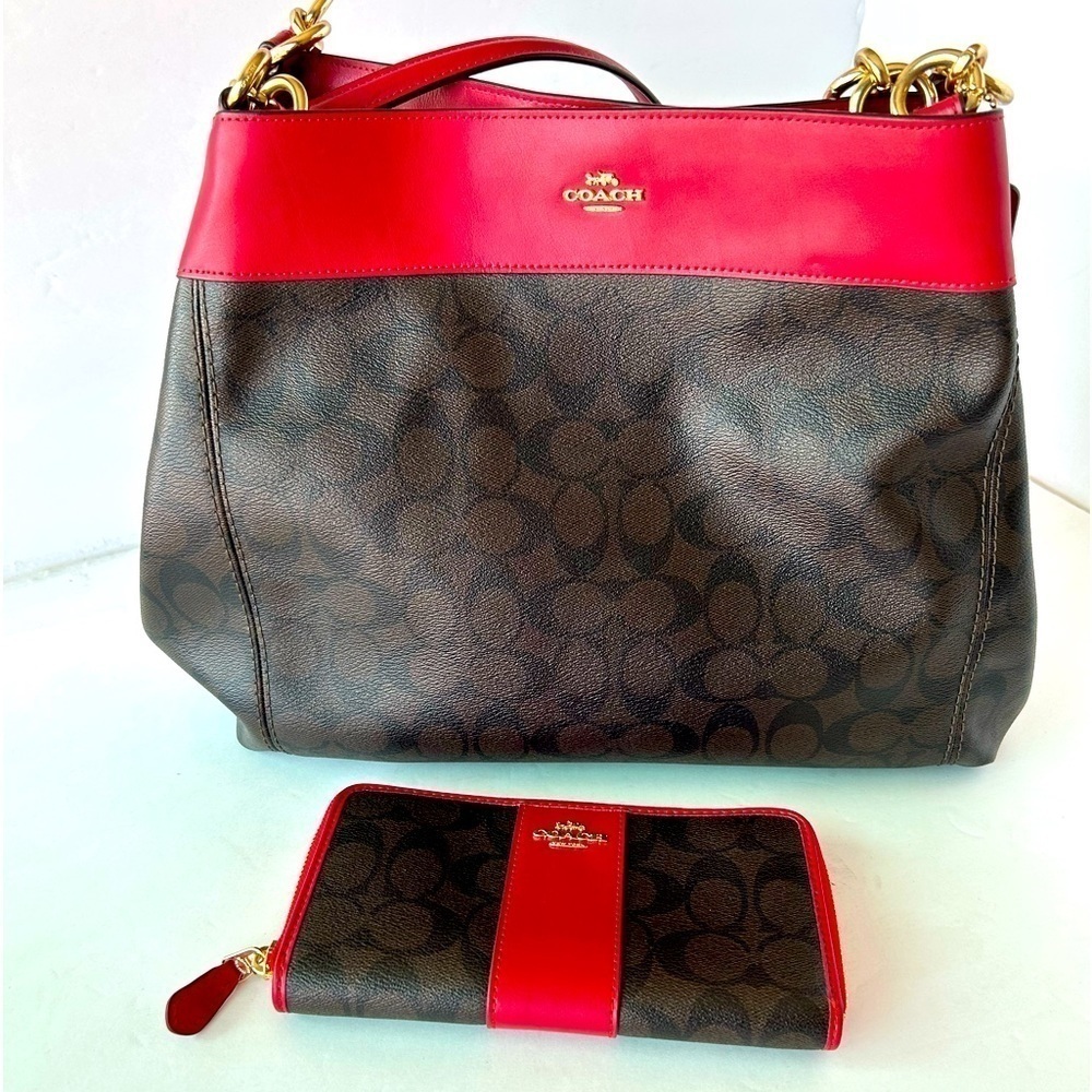 Coach EUC Red Leather Trim and Signature Print Handbag with matching wallet